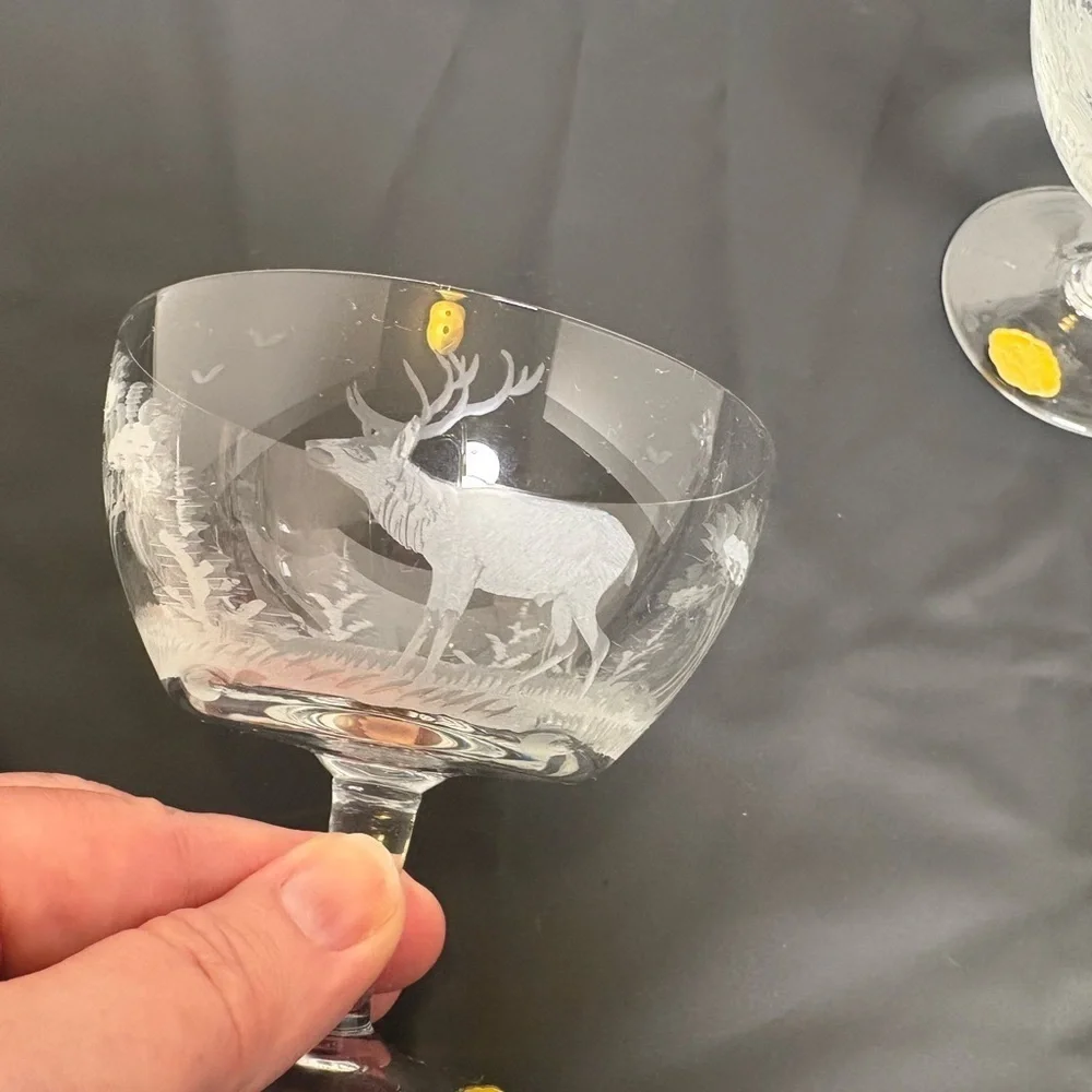 Vintage Etched East Germany Crystal Coupe Set Hunting/Wildlife Scene
